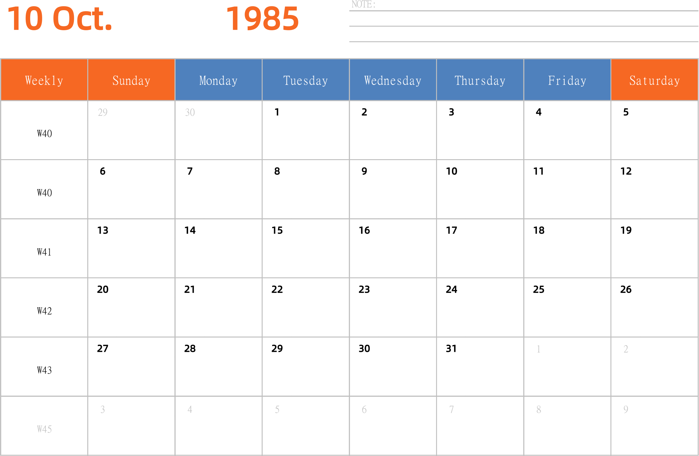 日历表1985年日历 英文版 横向排版 周日开始 带周数